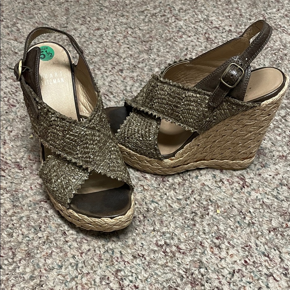 Stuart Weitzman raffia leather olive and Brown braided rope Wedge Sandals